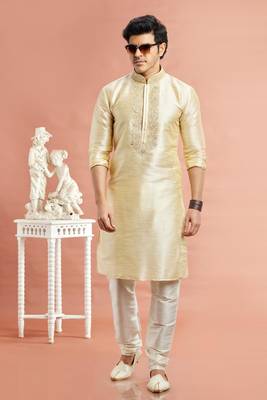 beige banarasi art silk fabric without lining only kurta for men 2