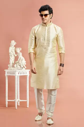 beige banarasi art silk fabric without lining only kurta for men