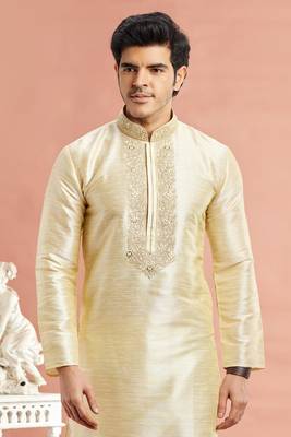 beige banarasi art silk fabric without lining only kurta for men 3