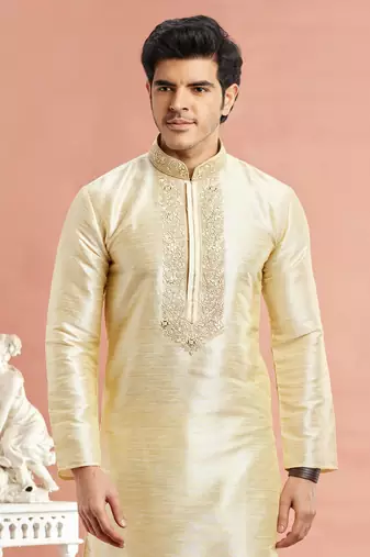 beige banarasi art silk fabric without lining only kurta for men