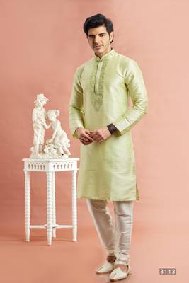 Pista green banarasi art silk fabric without lining only kurta for men 1