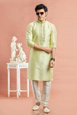 Pista green banarasi art silk fabric without lining only kurta for men 2
