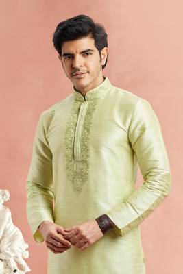Pista green banarasi art silk fabric without lining only kurta for men 3