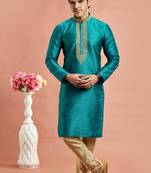 Teal banarasi art silk fabric without lining only kurta for men