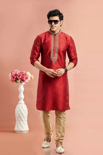 marron banarasi art silk fabric without lining only kurta for men