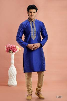 blue banarasi art silk fabric without lining only kurta for men 1
