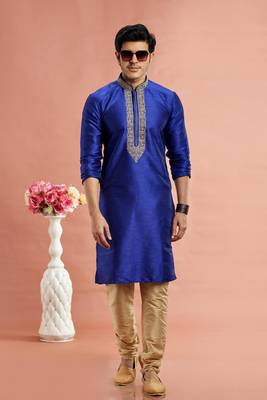 blue banarasi art silk fabric without lining only kurta for men 2