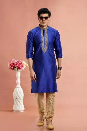 blue banarasi art silk fabric without lining only kurta for men