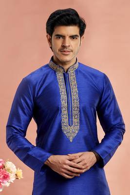 blue banarasi art silk fabric without lining only kurta for men 3