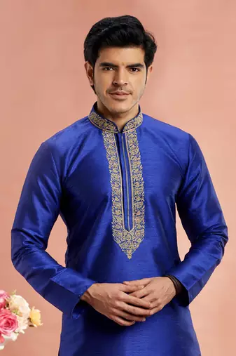blue banarasi art silk fabric without lining only kurta for men