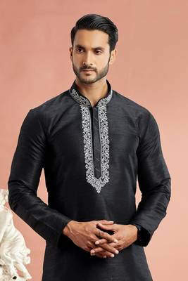 black banarasi art silk fabric without lining only kurta for men 3