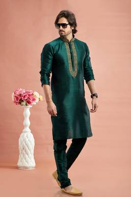 green banarasi art silk fabric without lining only kurta for men 2