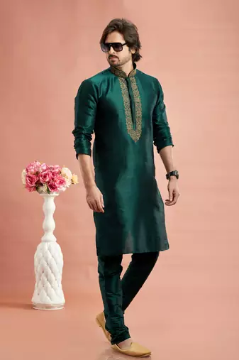 green banarasi art silk fabric without lining only kurta for men