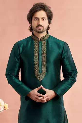 green banarasi art silk fabric without lining only kurta for men