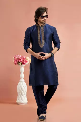 blue banarasi art silk fabric without lining only kurta for men