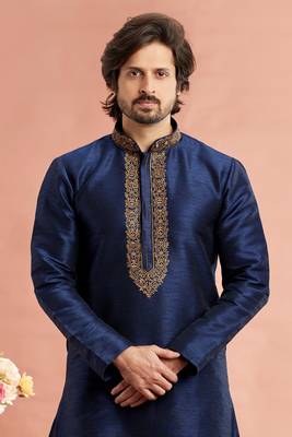 blue banarasi art silk fabric without lining only kurta for men 3