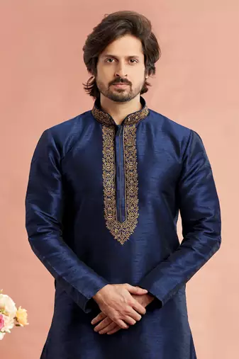 blue banarasi art silk fabric without lining only kurta for men