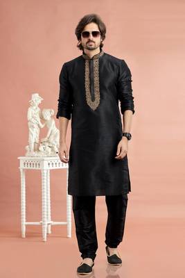 black banarasi art silk fabric without lining only kurta for men 2