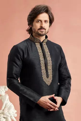 black banarasi art silk fabric without lining only kurta for men