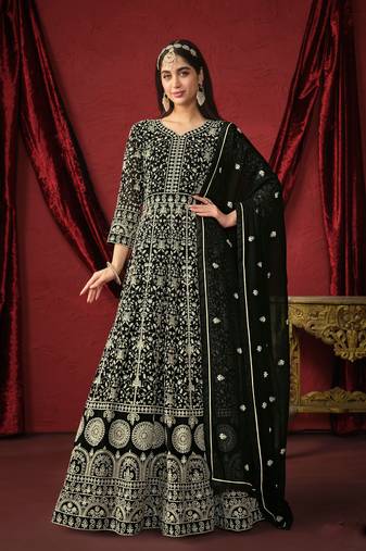 Black embroidery sequins georgette stitched anarkali chudidar suits