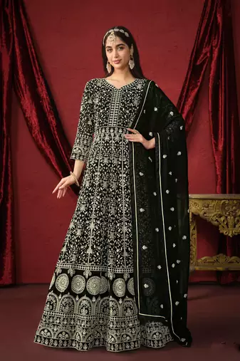 Black embroidery sequins georgette stitched anarkali chudidar suits