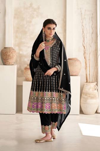 Black embroidery sequins art silk stitched anarkali pant suits