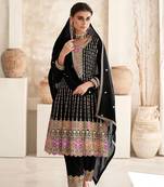 Black embroidery sequins art silk stitched anarkali pant suits