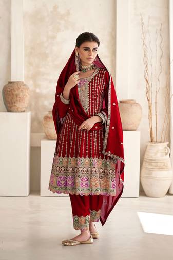 Red embroidery sequins art silk stitched anarkali pant suits