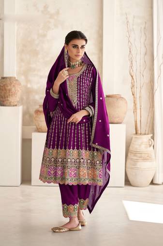 Purple embroidery sequins art silk stitched anarkali pant suits