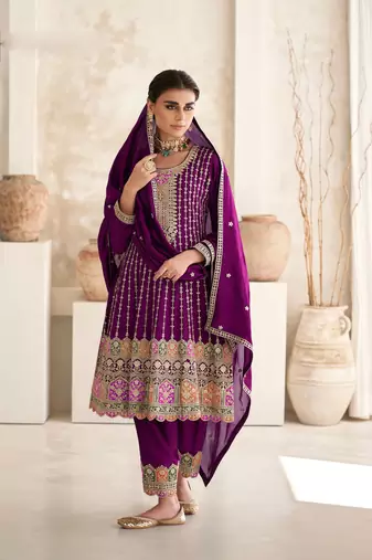 Purple embroidery sequins art silk stitched anarkali pant suits