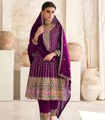 Purple embroidery sequins art silk stitched anarkali pant suits