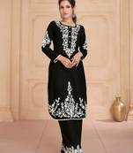 Black embroidery chinon silk stitched straight palazzo suits