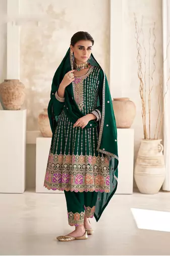 Green embroidery sequins art silk stitched anarkali pant suits