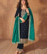 Blue embroidery sequins art silk stitched straight pant suits