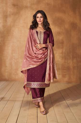 Wine embroidery sequins art silk stitched straight pant suits
