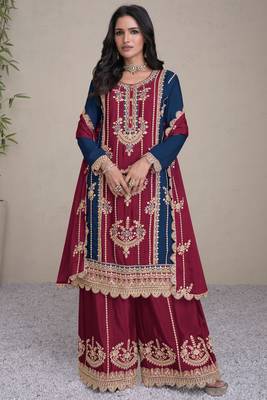Maroon-teal blue embroidery sequins chinon stitched straight palazzo suits 1