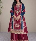 Maroon-teal blue embroidery sequins chinon stitched straight palazzo suits