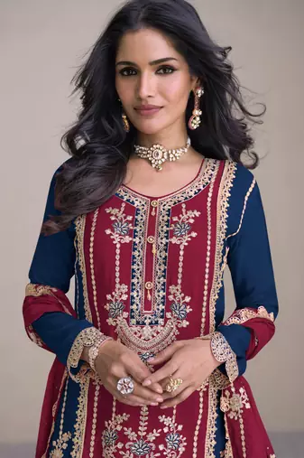 Maroon-teal blue embroidery sequins chinon stitched straight palazzo suits