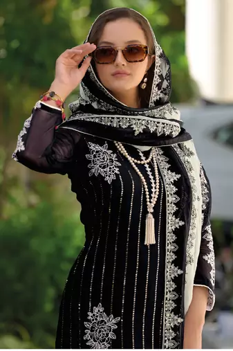 Black embroidery organza stitched straight pant suits