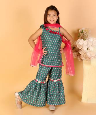 Lil drama stylish girls printed kurta sharara with dupatta set- green 1