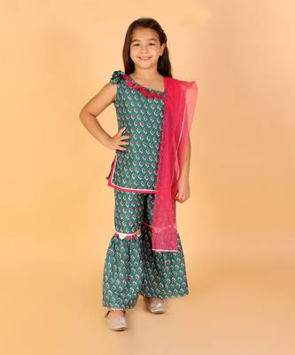 Lil drama stylish girls printed kurta sharara with dupatta set- green 2