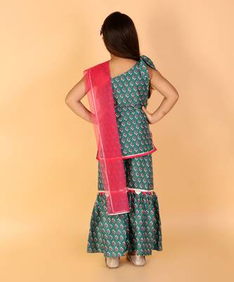 Lil drama stylish girls printed kurta sharara with dupatta set- green 3