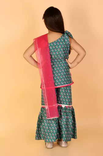 Lil drama stylish girls printed kurta sharara with dupatta set- green