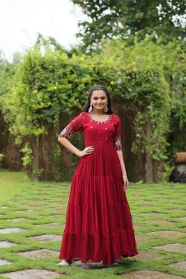 Premium designer faux blooming with embroidery zari sequins work gown 1
