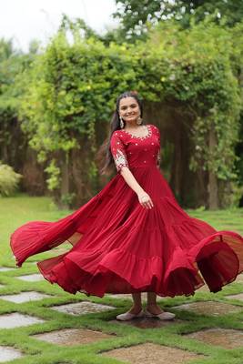 Premium designer faux blooming with embroidery zari sequins work gown 3