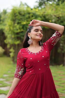 Premium designer faux blooming with embroidery zari sequins work gown 4