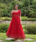 Premium designer faux blooming with embroidery zari sequins work gown