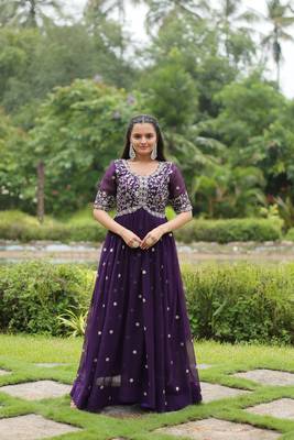 Premium designer faux blooming with embroidery zari sequins work gown 1