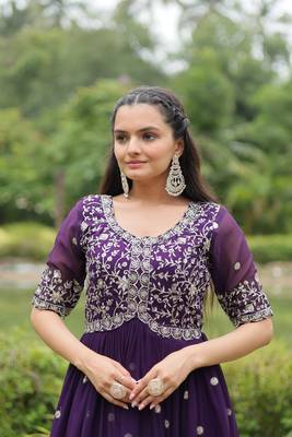 Premium designer faux blooming with embroidery zari sequins work gown 3
