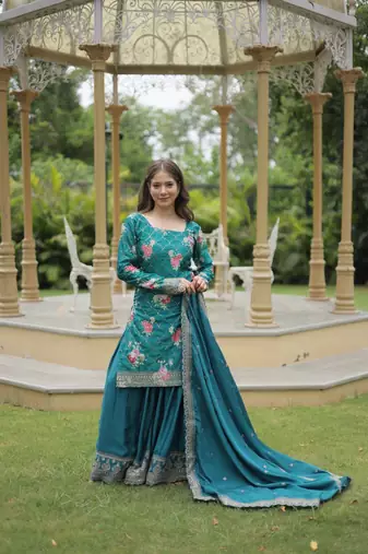 Premium designer printed with sequins & thread embroidered work kurti plazoo & dupatta